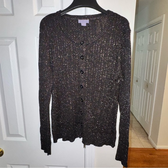 LAURA SCOTT Women's Large Black Metallic Sparkle Cardigan Sweater V-Neck Button - Picture 5 of 16